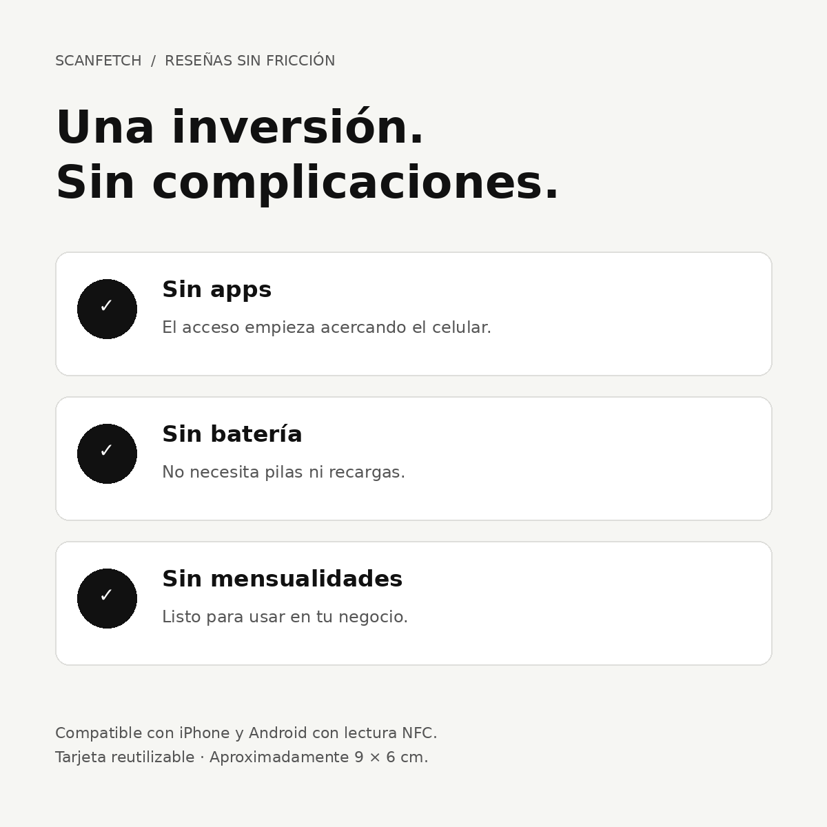 Beneficios de Scanfetch: sin apps, sin batería y sin mensualidades; tarjeta de 9 × 6 cm