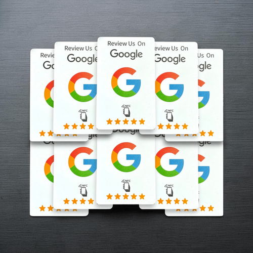 Pack de 10 tarjetas NFC scanfetch MX para reseñas de Google con logotipo y cinco estrellas