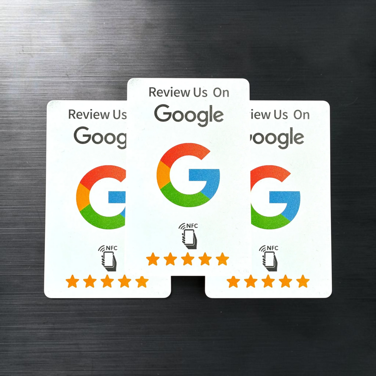 Pack de 3 tarjetas NFC scanfetch MX blancas con logo de Google y cinco estrellas para reseñas