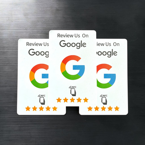 Pack de 3 tarjetas NFC scanfetch MX blancas con logo de Google y cinco estrellas para reseñas