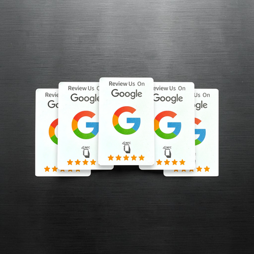 Pack de 5 tarjetas NFC scanfetch MX blancas con logo de Google y cinco estrellas para reseñas de clientes